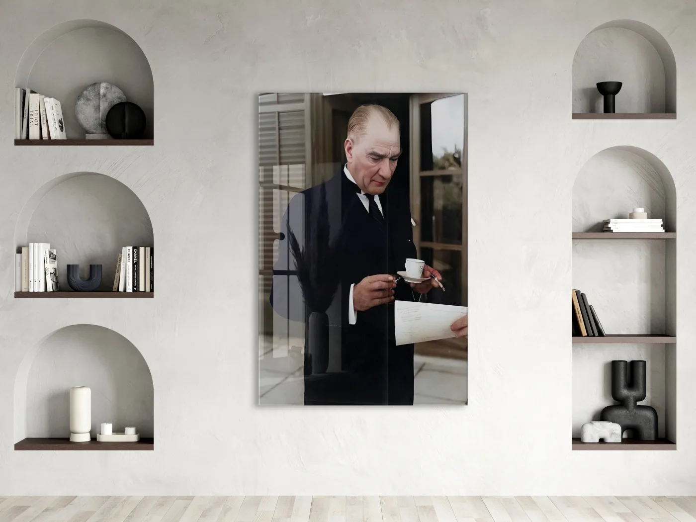 Atatürk Cam Tablo – Çalışma Anı Tasarımı, 4 mm Temperli Cam Üzerine Zarif ve Prestijli Duvar Dekoru -PeonyAta1024 — görsel 2