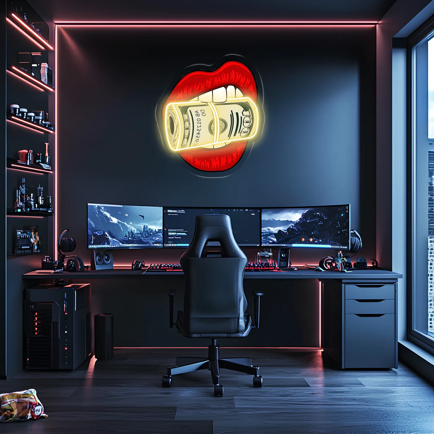Pop Art Dudak Neon Duvar Dekoru | Para Rulosu Isıran Dudak Tasarımı | Işıklı LED Pleksi Duvar Sanatı — görsel 4