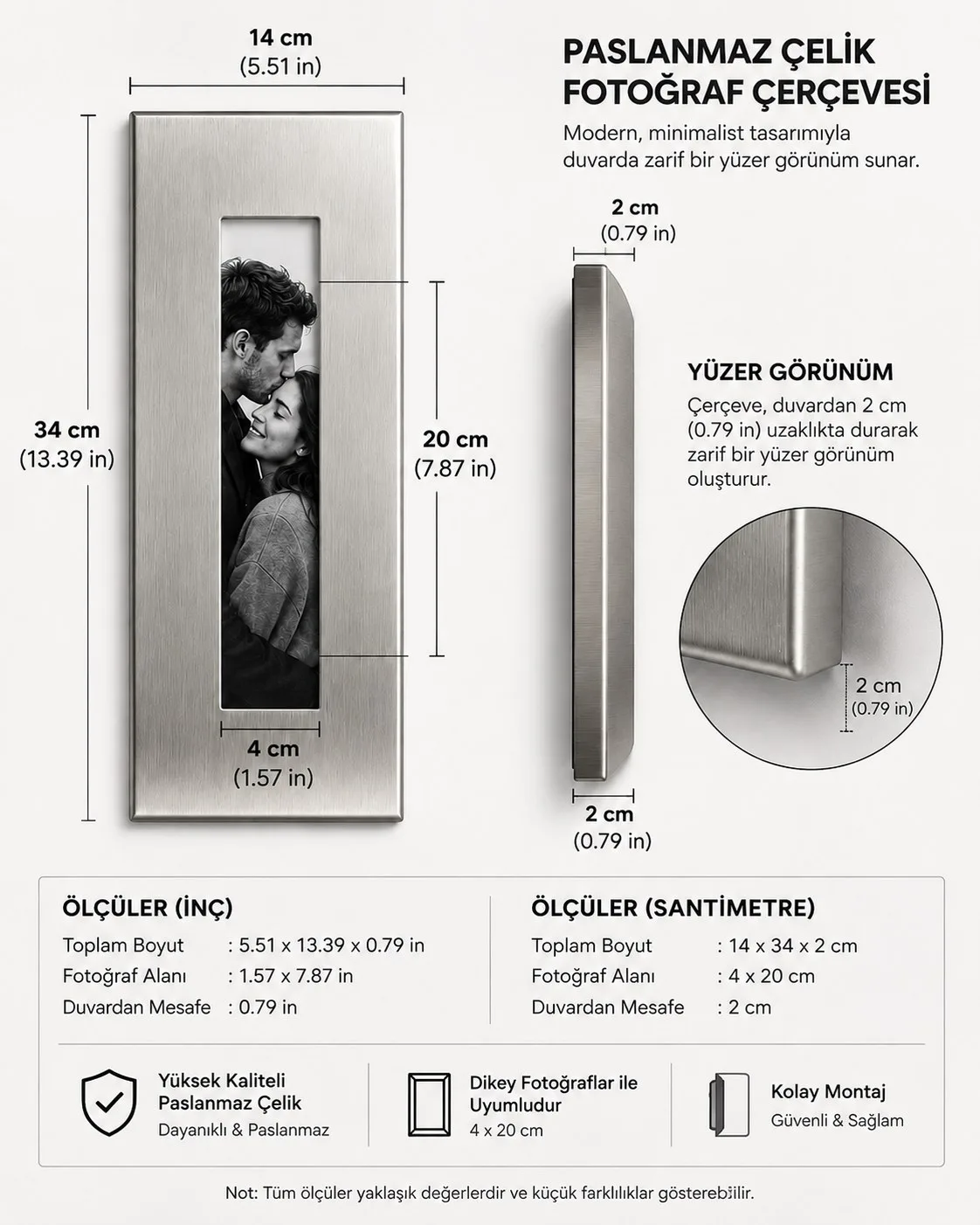 LINEA | Paslanmaz Çelik Fotoğraf Çerçevesi – Modern Metal Duvar Çerçevesi 14x34 cm — görsel 9
