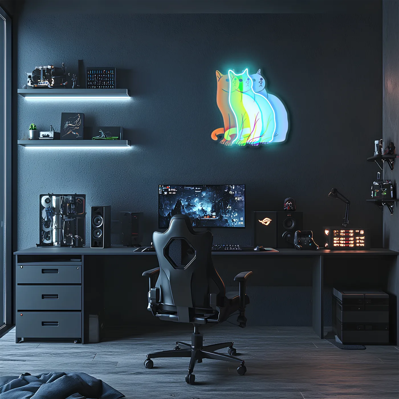 Üç Renkli Kedi Neon Duvar Dekoru | Gökkuşağı Işıklı Pleksi Tablo | Modern ve Minimalist Ev Dekoru — görsel 2