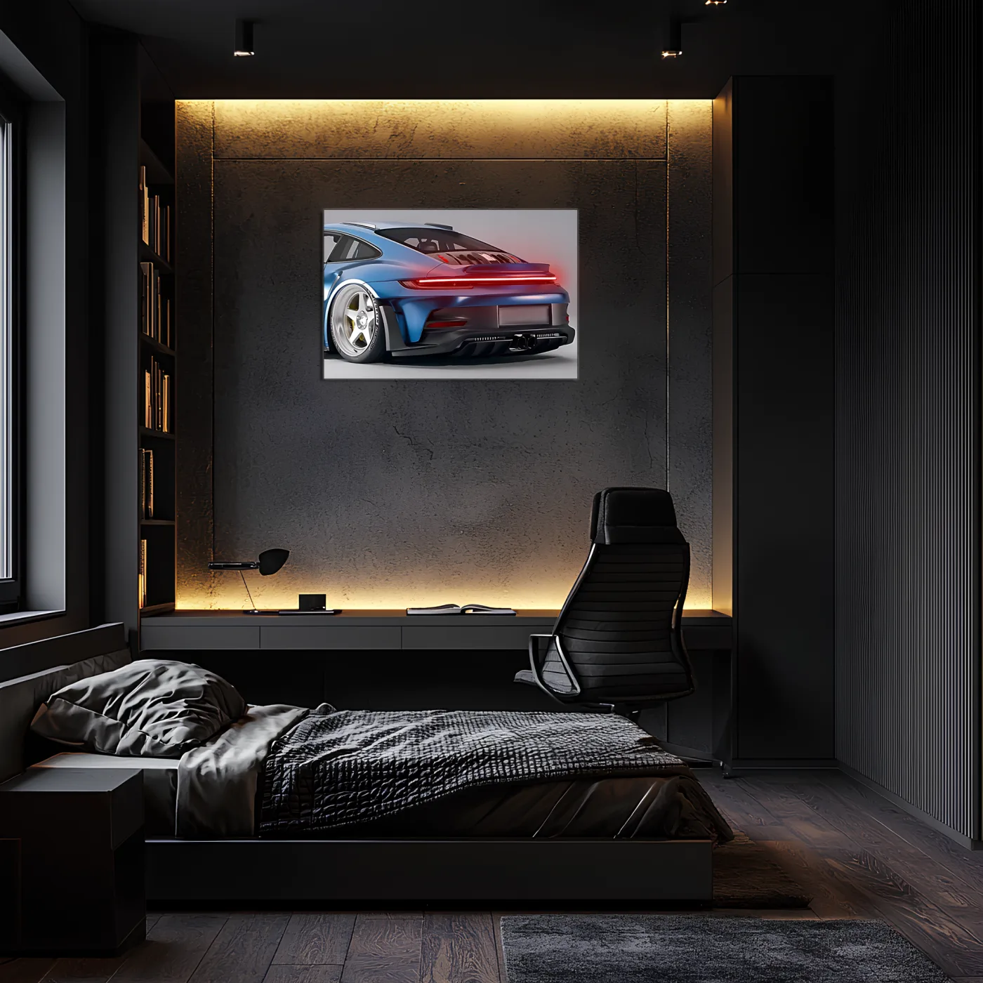 Mavi GT Tarzı Spor Araba UV Baskı Neon Duvar Dekoru | Pleksi Işıklı Tablo | Modern Ev ve Ofis Dekoru — görsel 1