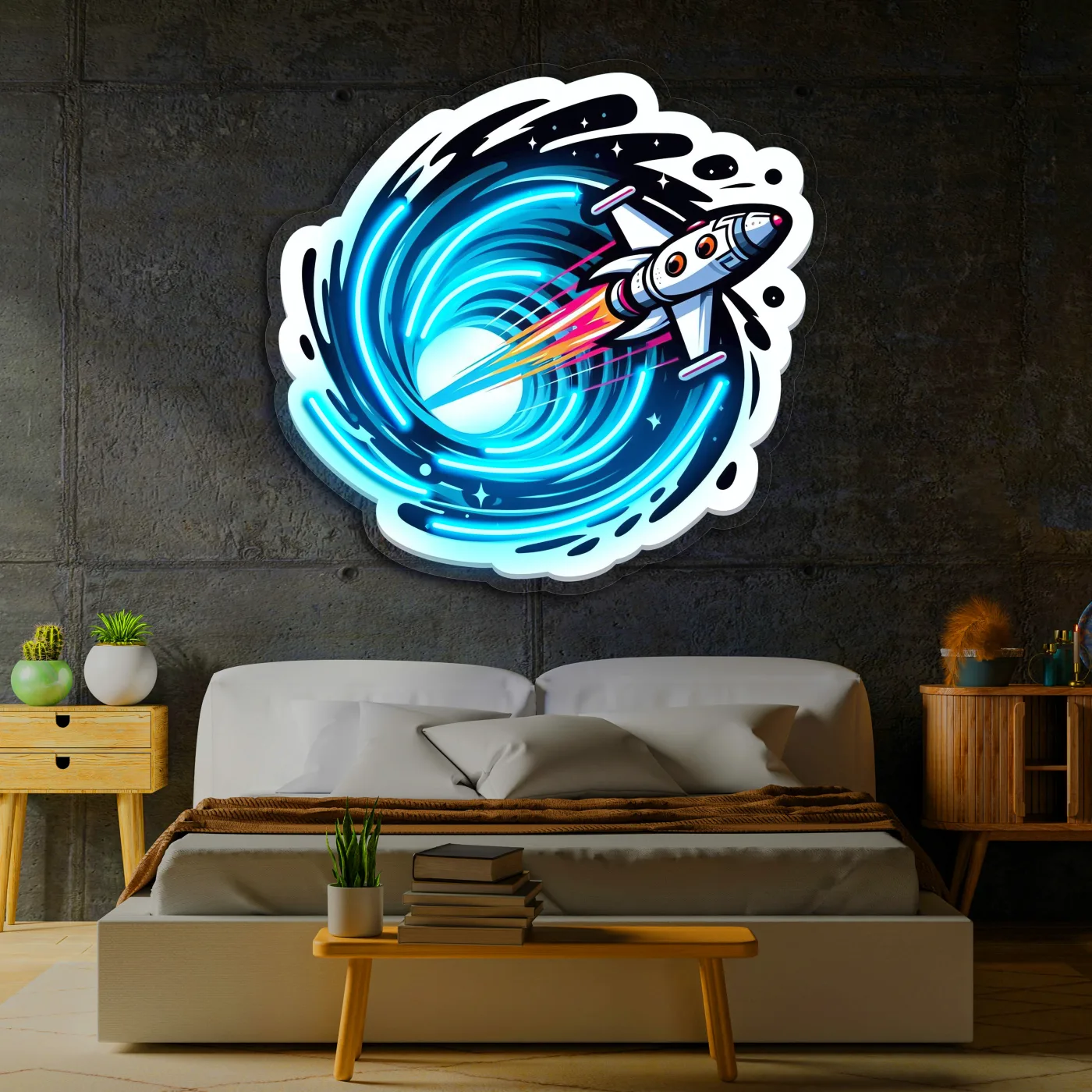 Roket Temalı Neon Duvar Dekoru | Uzay ve Astronot Konseptli LED Tablo | Pleksi UV Baskı Işıklı Duvar Sanatı — görsel 6