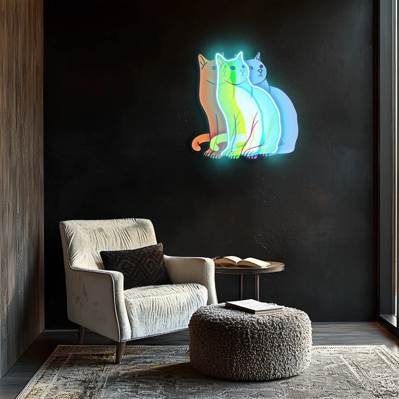 Üç Renkli Kedi Neon Duvar Dekoru | Gökkuşağı Işıklı Pleksi Tablo | Modern ve Minimalist Ev Dekoru — görsel 5