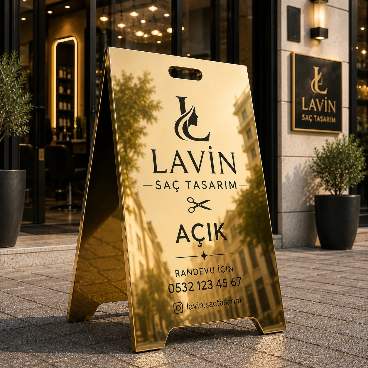 Aynalı Gold Paslanmaz A Tabela | Lüks Metal Kaldırım Tabelası | Dış Mekan Reklam Standı | 3 Boy Seçeneği — görsel 5