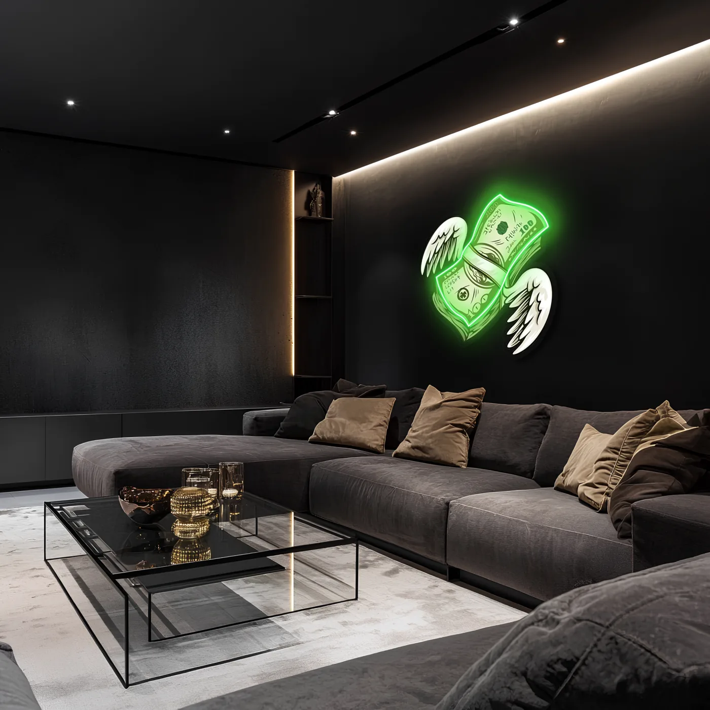 Uçan Para Neon Duvar Dekoru | Yeşil Işıklı Pleksi Tablo | Gamer Room ve Ofis İçin Modern Duvar Sanatı — görsel 3