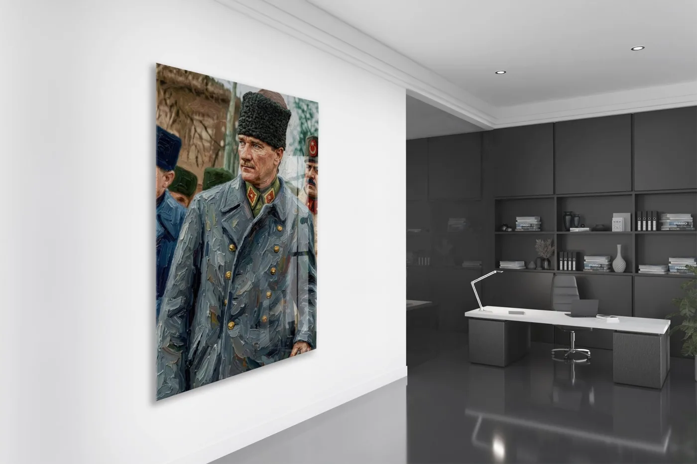 Kalpaklı Atatürk Cam Tablo – Asker Üniformalı Yağlı Boya Görünümlü Atatürk Tablosu-PeonyAta1347 — görsel 5