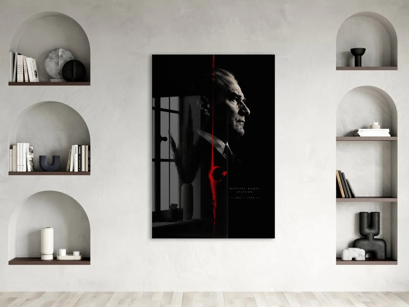 Atatürk ve Türk Bayrağı Cam Tablo – Siyah Kırmızı Mustafa Kemal Atatürk Portresi-PeonyAta1348 — görsel 3