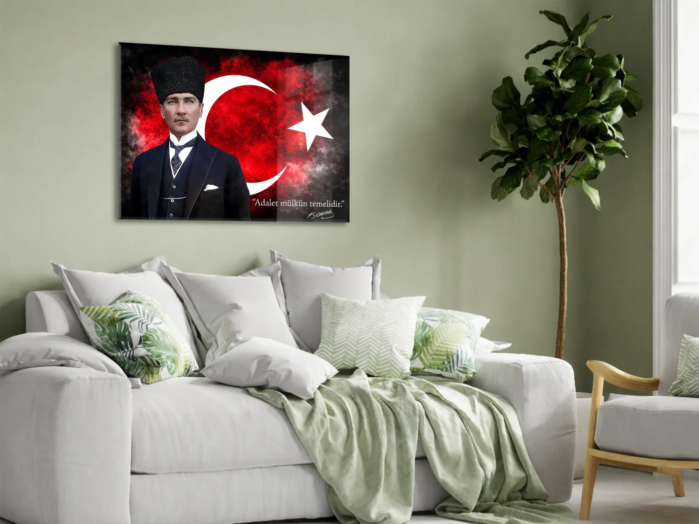 Kalpaklı Mustafa Kemal Atatürk Cam Tablo | “Adalet Mülkün Temelidir” 4 mm Temperli UV Baskılı -PeonyAta1312 — görsel 3