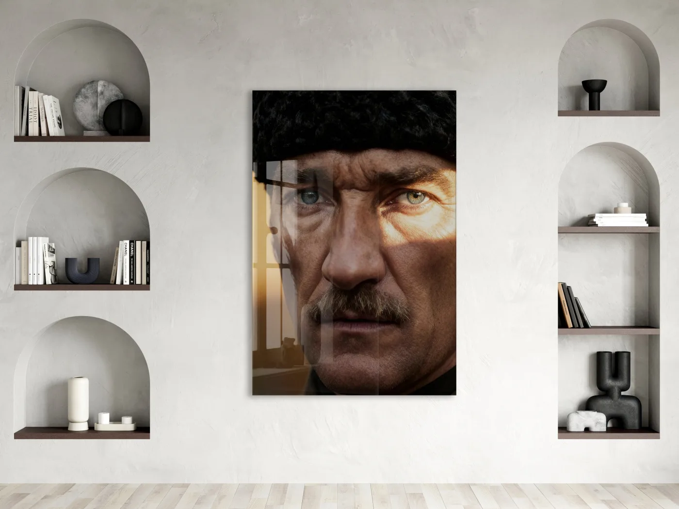 Mustafa Kemal Atatürk Portre Cam Tablo – Siyah Beyaz Derin Bakışlı Modern Duvar Dekoru -PeonyAta069 — görsel 3
