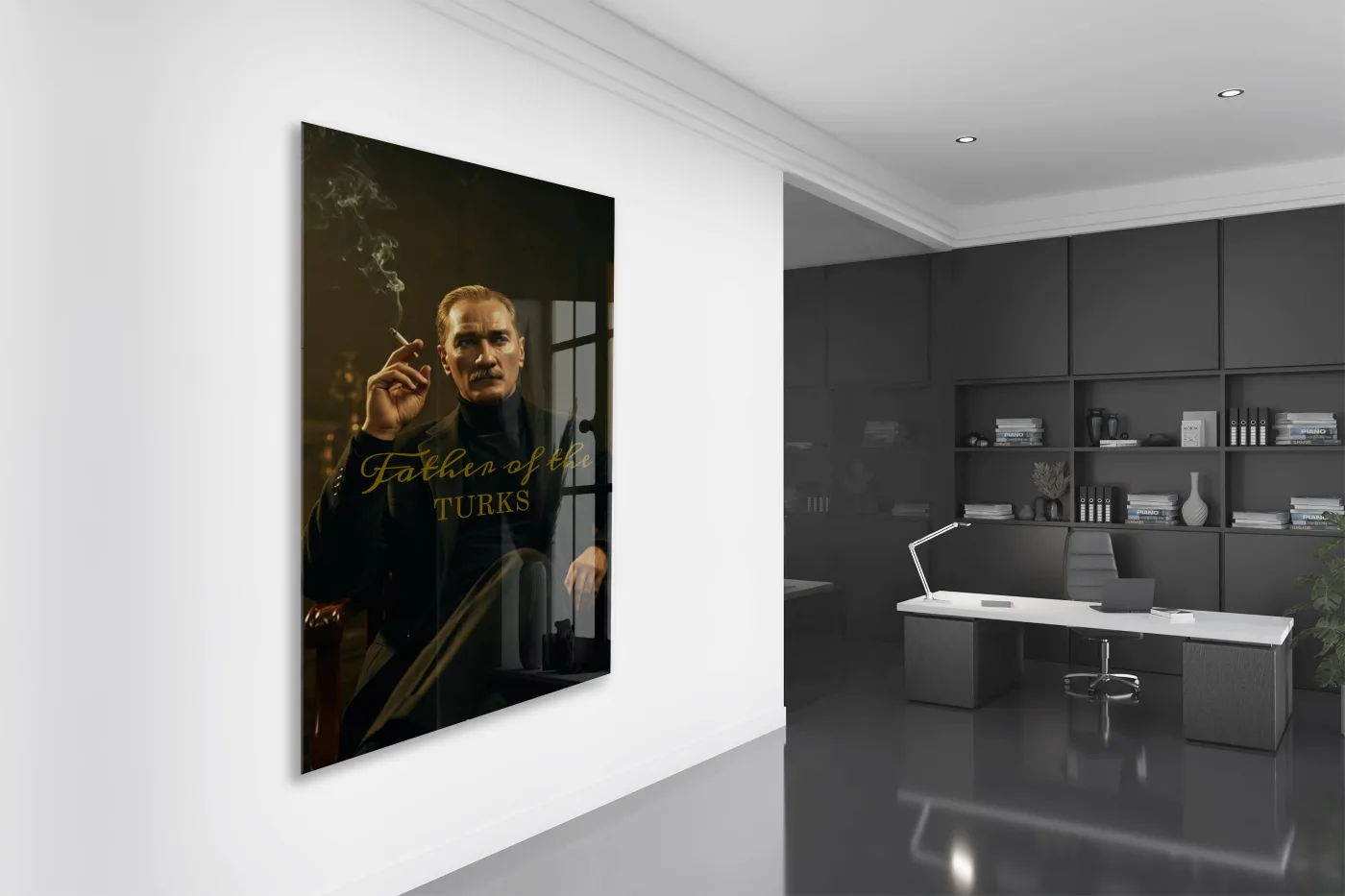 Father of the Turks Atatürk Cam Tablo | Gold Yazı Detaylı Modern Portre, Premium UV Baskı Temperli Cam Atatürk Duvar Dekoru PeonyAta051 — görsel 5