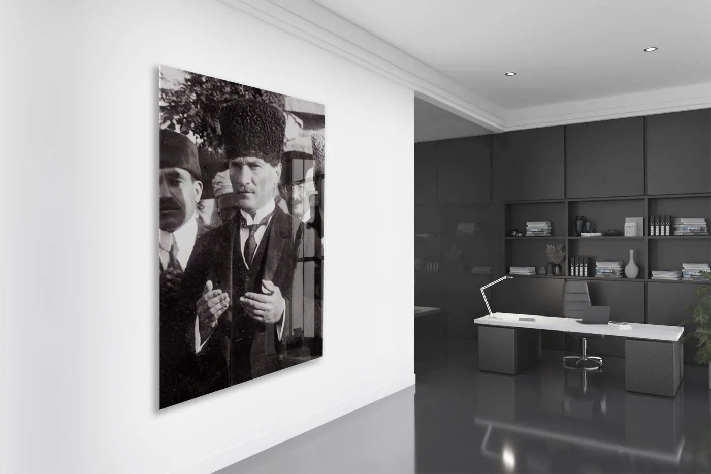 Kalpaklı Atatürk Cam Tablo – Mustafa Kemal Atatürk Siyah Beyaz Duvar Tablosu-PeonyAta1341 — görsel 5