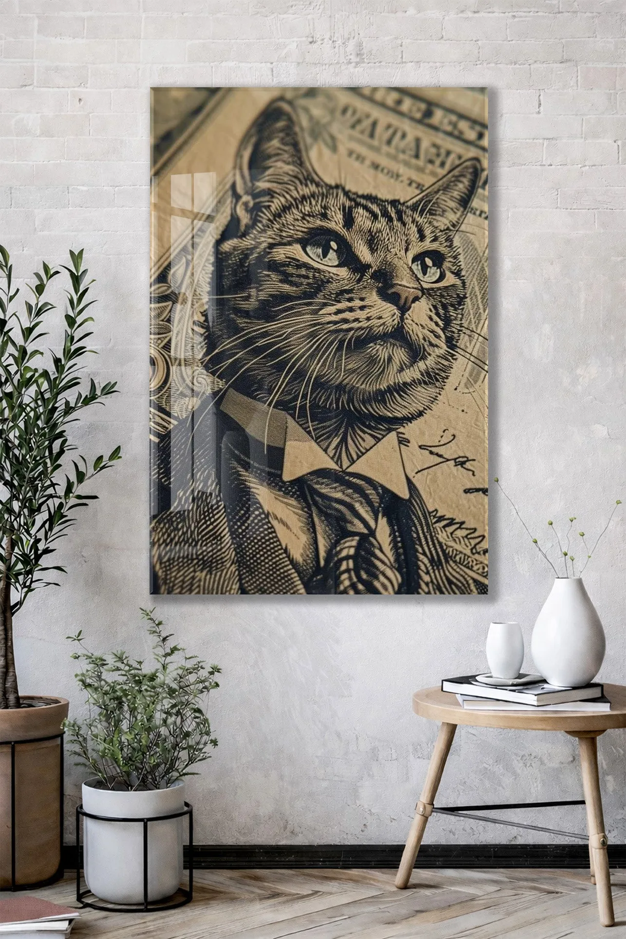 Business Cat Art – Retro Banknot Stil Cam Duvar Dekoru - Peony115 — görsel 2