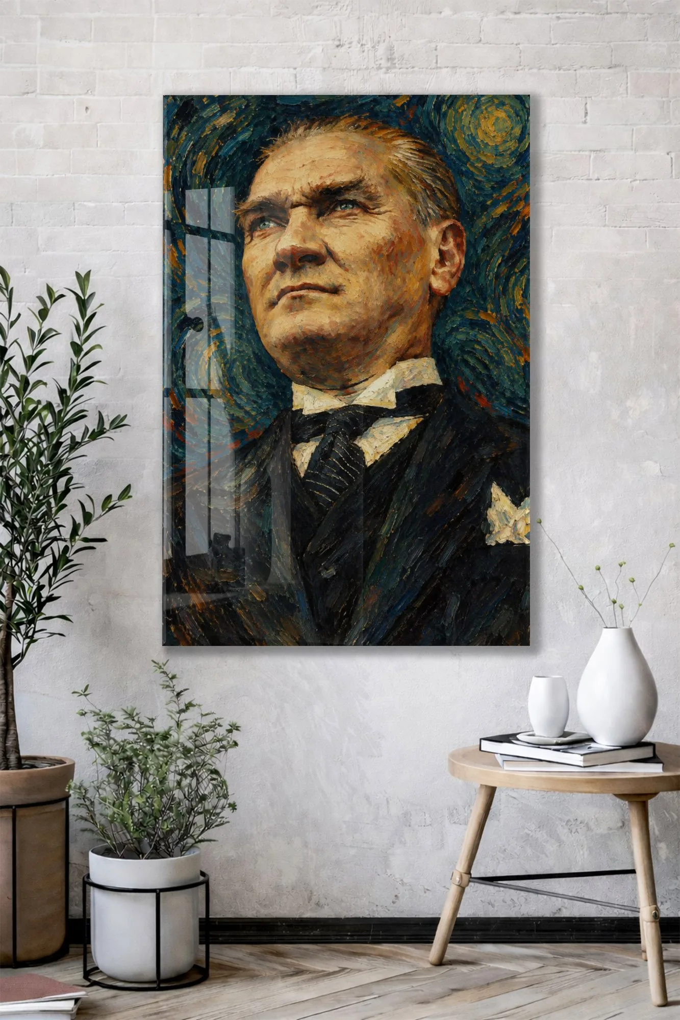 Yağlı Boya Görünümlü Atatürk Cam Tablo – Sanatsal Mustafa Kemal Atatürk Portresi-PeonyAta1346 — görsel 2