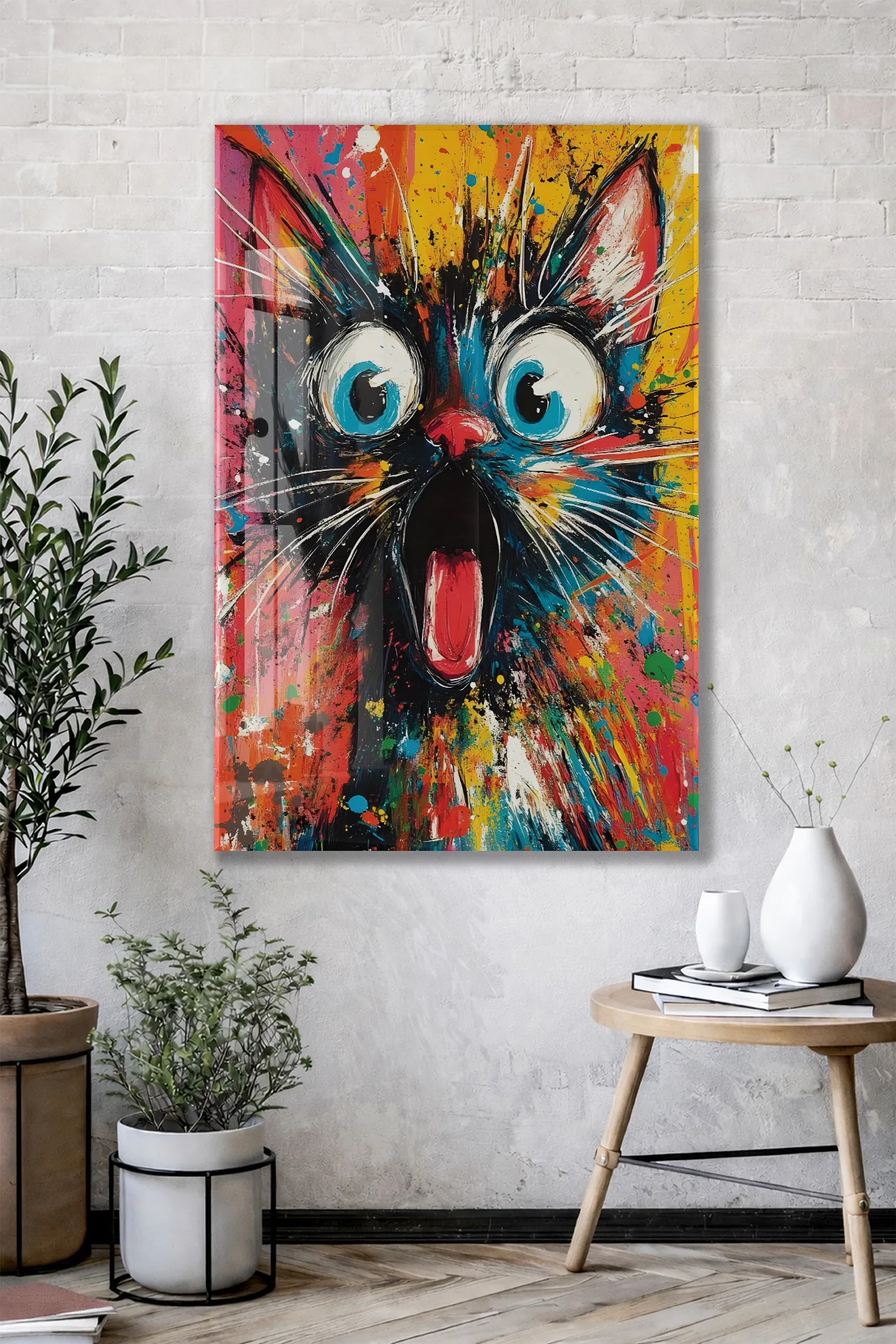 Şaşkın Kedi – Renkli Pop Art Duvar Cam Sanatı- Peony050 — görsel 3