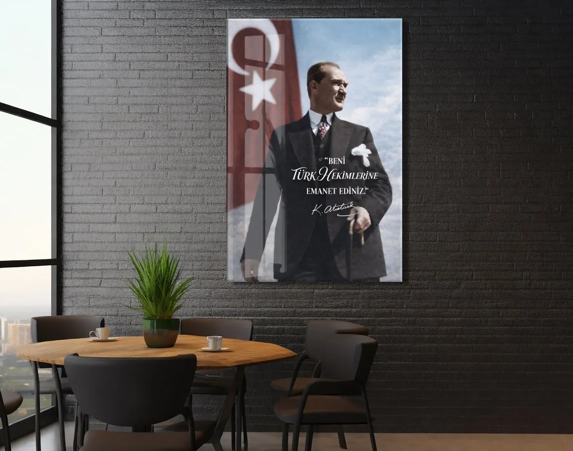 Beni Türk Hekimlerine Emanet Ediniz Atatürk Cam Tablo – Türk Bayraklı Duvar Tablosu-PeonyAta1342 — görsel 6