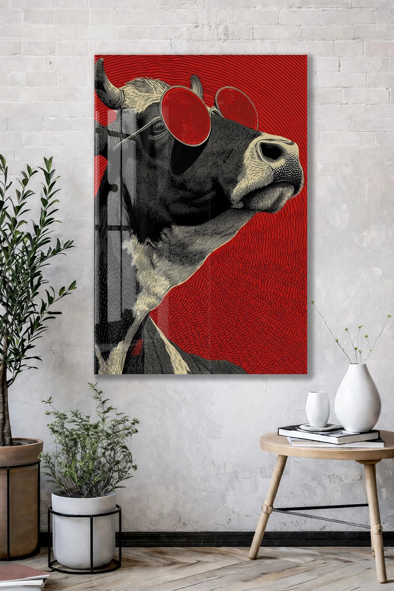 Pop Art Tarzı Boğa Cam Tablo – Kırmızı Arka Planlı Karizmatik Duvar Dekoru - Peony077 — görsel 2