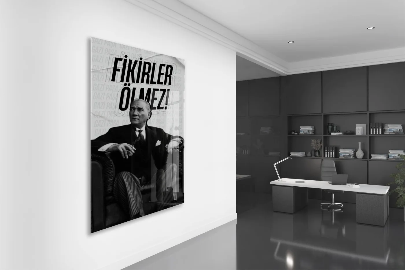 Fikirler Ölmez Atatürk Cam Tablo | Siyah Beyaz Tipografik Atatürk Portresi, İlham Veren Duvar Dekoru, 4mm Temperli Cam UV Baskı PeonyAta046 — görsel 4