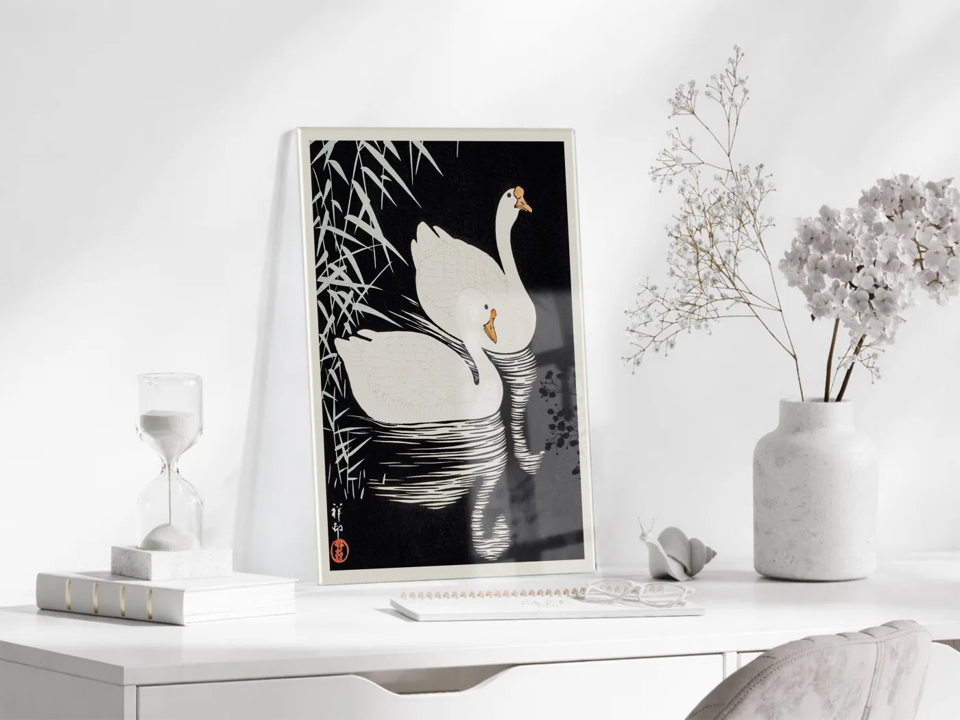 Japon Kuğuları Cam Tablo | Minimal Siyah Beyaz Ukiyo-e UV Baskılı Temperli Cam Tablo- Peony166 — görsel 3