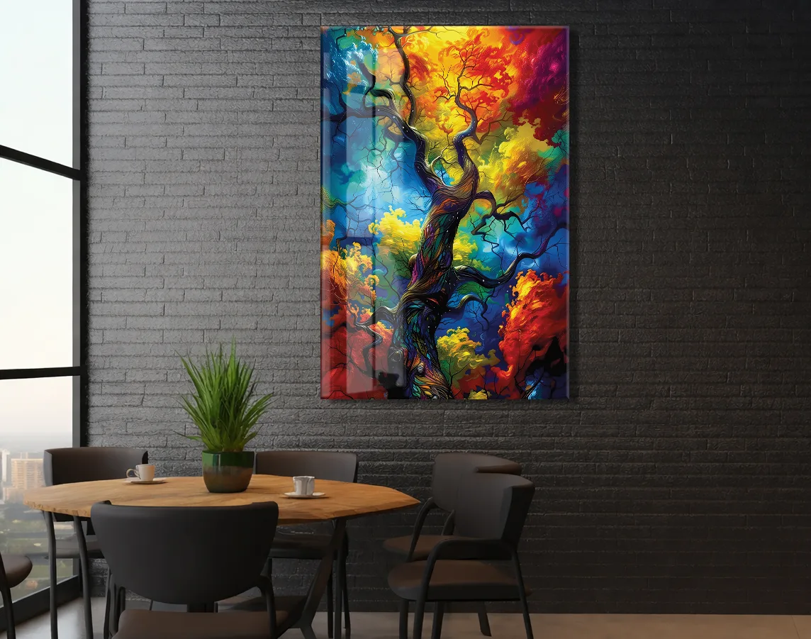 Renk Patlaması Soyut Ağaç Cam Tablo – Modern Sanat Temalı UV Baskılı Temperli Cam Duvar Tablosu - Peony027 — görsel 5