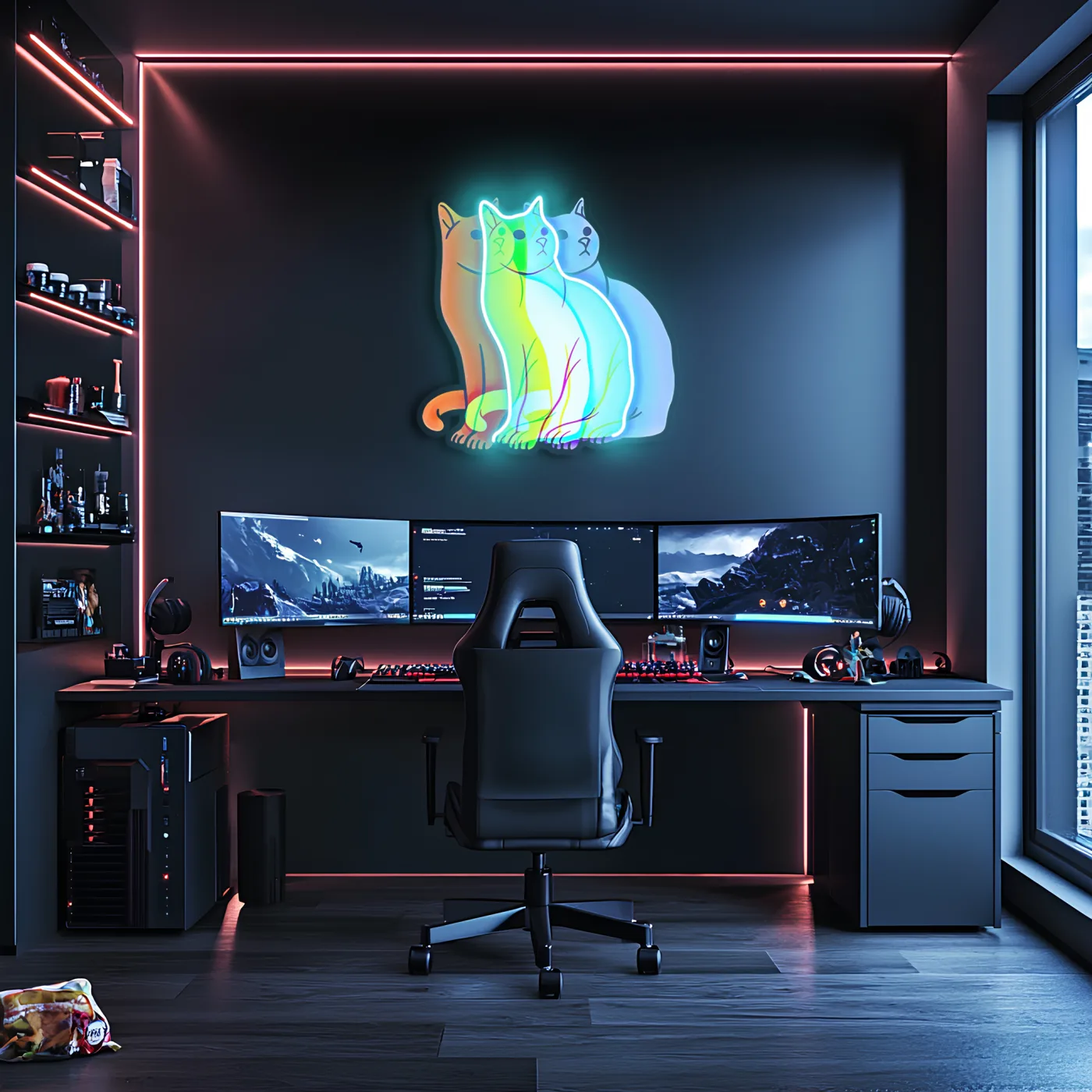 Üç Renkli Kedi Neon Duvar Dekoru | Gökkuşağı Işıklı Pleksi Tablo | Modern ve Minimalist Ev Dekoru — görsel 4