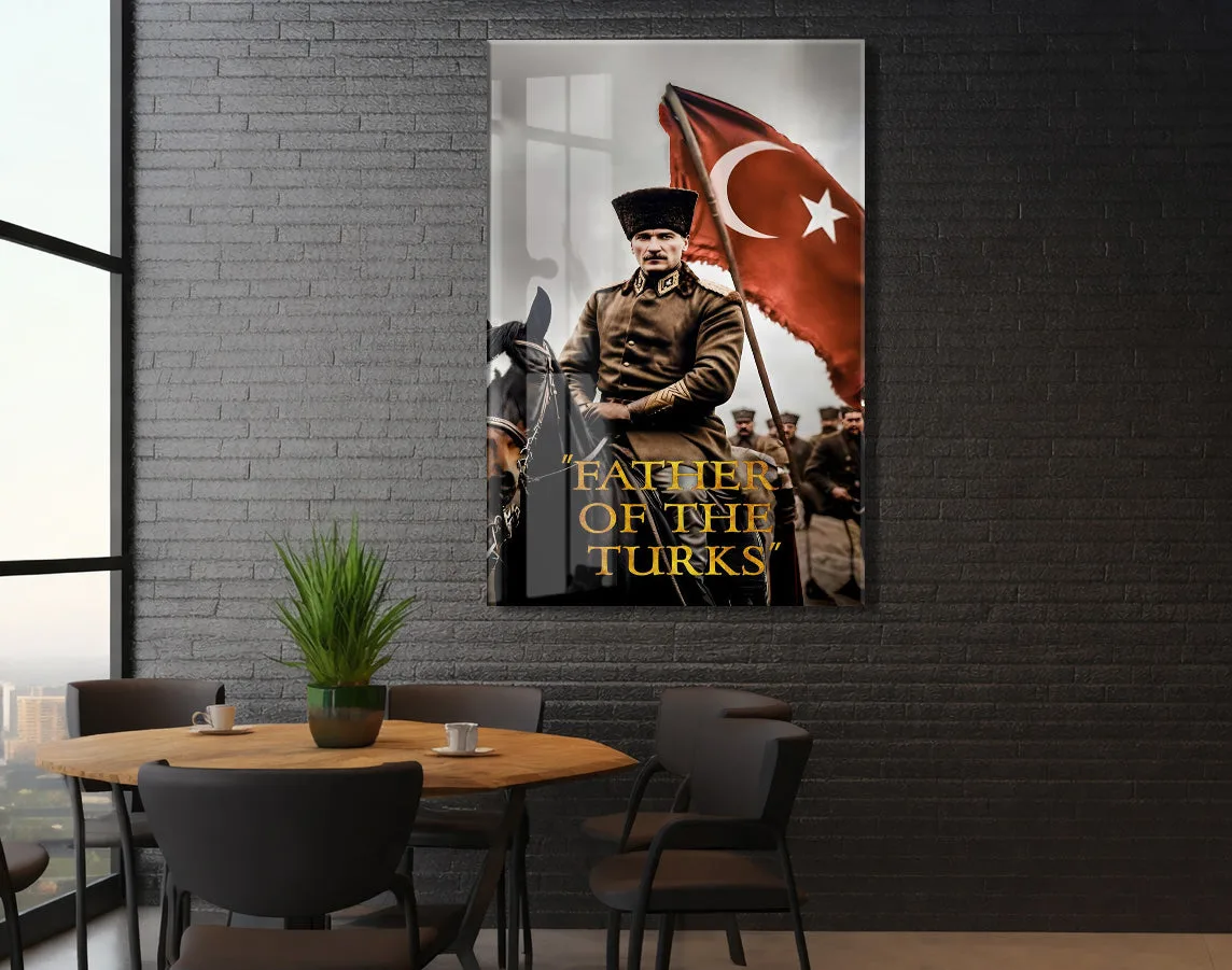 Father Of The Turks , Atatürk At Üzerinde Cam Tablo – Türk Bayraklı Başkomutan Portresi 4 mm Temperli Cam -PeonyAta061 — görsel 6