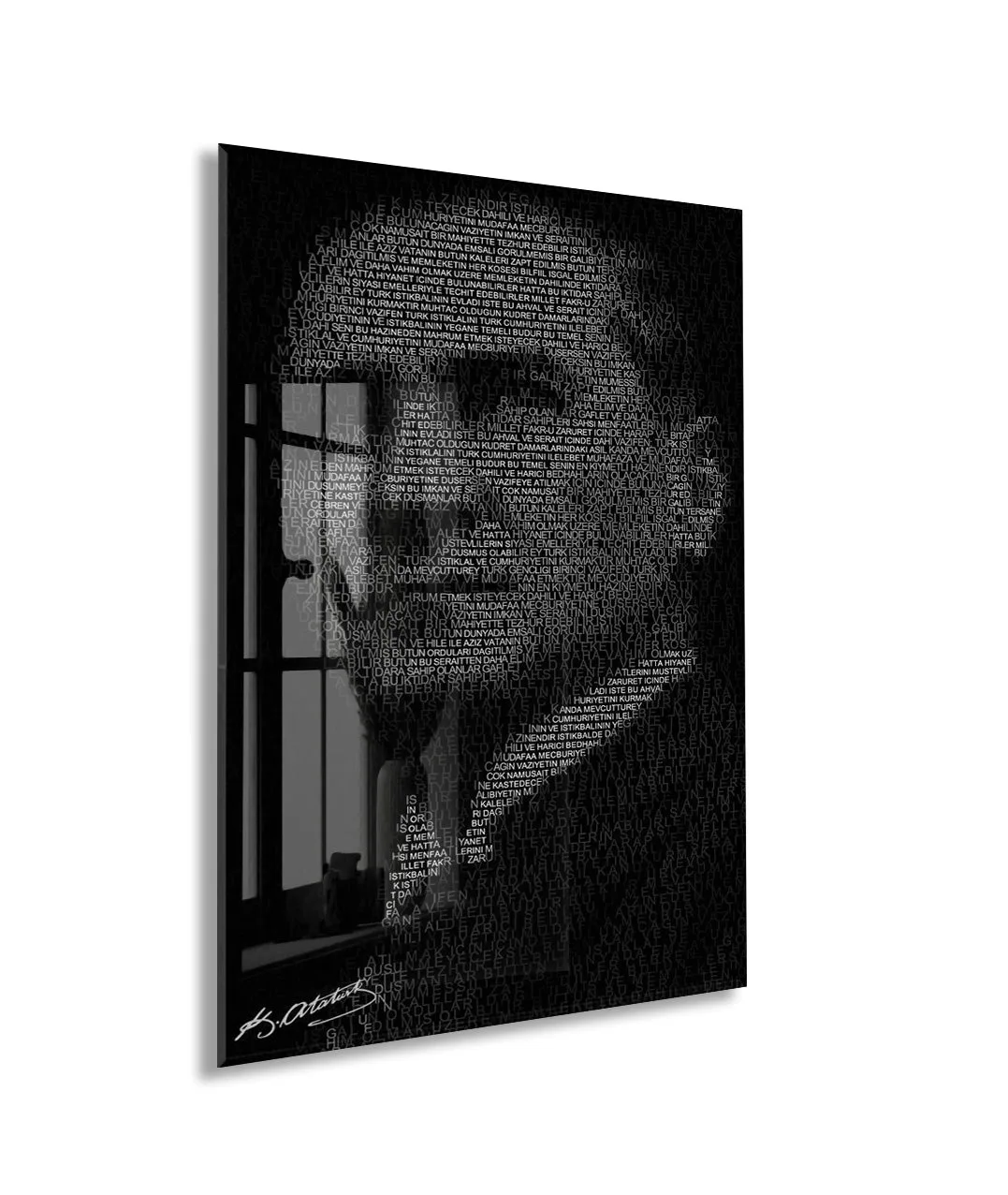 Atatürk Silüet Cam Baskı Tablo | Nutuk Metinli Siyah Beyaz Modern Duvar Dekoru, 4mm Temperli Cam, Yüksek Çözünürlüklü UV Baskı PeonyAta045 — görsel 1