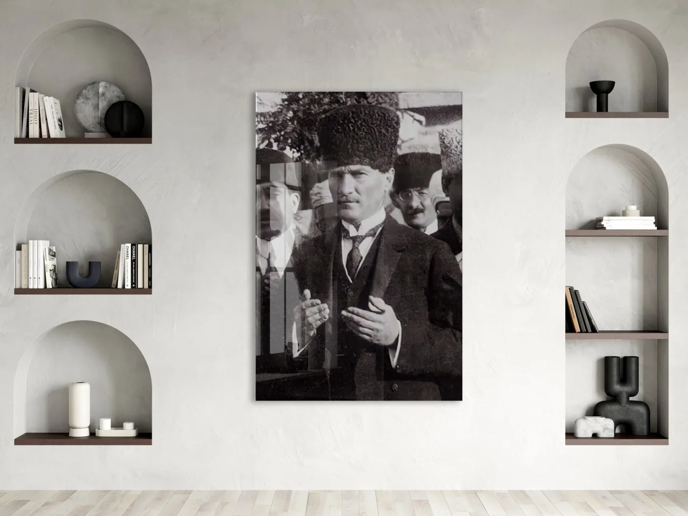 Kalpaklı Atatürk Cam Tablo – Mustafa Kemal Atatürk Siyah Beyaz Duvar Tablosu-PeonyAta1341 — görsel 3