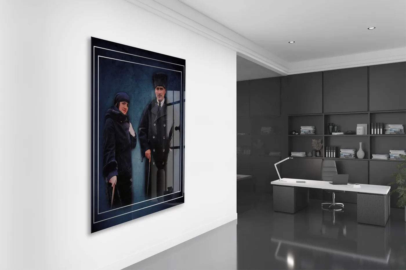 Atatürk ve Latife Hanım Cam Tablo – Cumhuriyet Dönemini Yansıtan Prestijli 4 mm Temperli Cam Duvar Dekoru -PeonyAta1004 — görsel 5