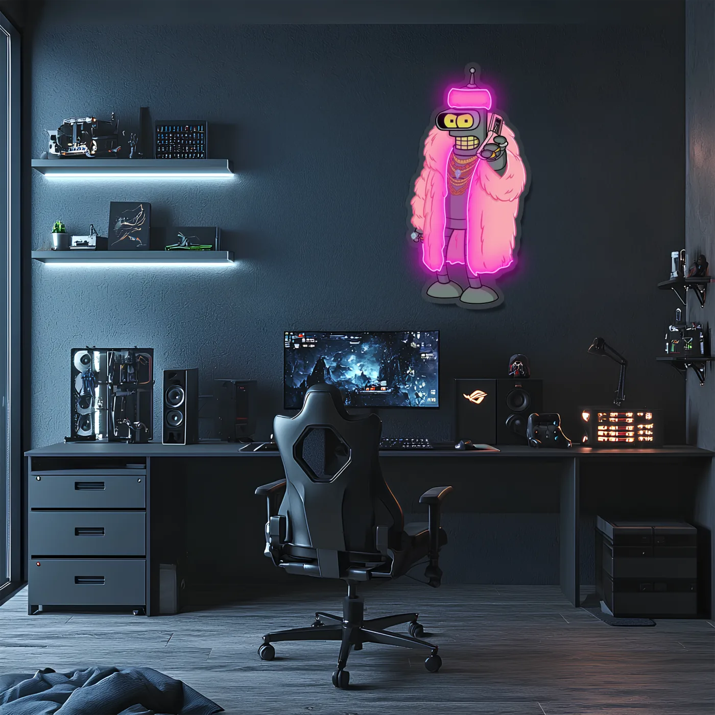 Pembe Ceketli Robot Neon Tablo | Oyun Odası LED Dekor — görsel 2