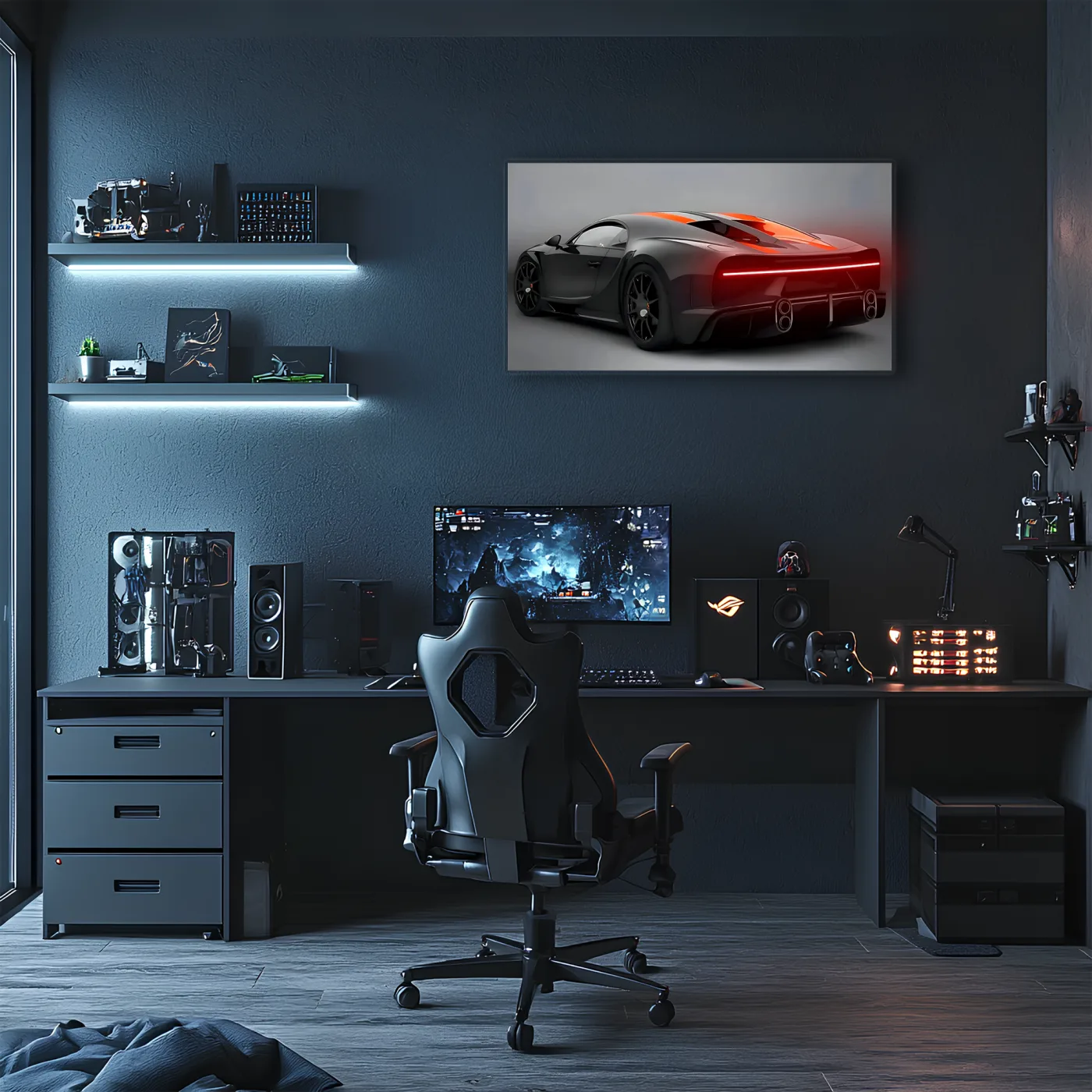 Siyah Bugatti Tarzı UV Baskı Neon Duvar Dekoru | Pleksi Işıklı Süper Araba Tablo | Modern Ev ve Ofis Dekoru — görsel 2
