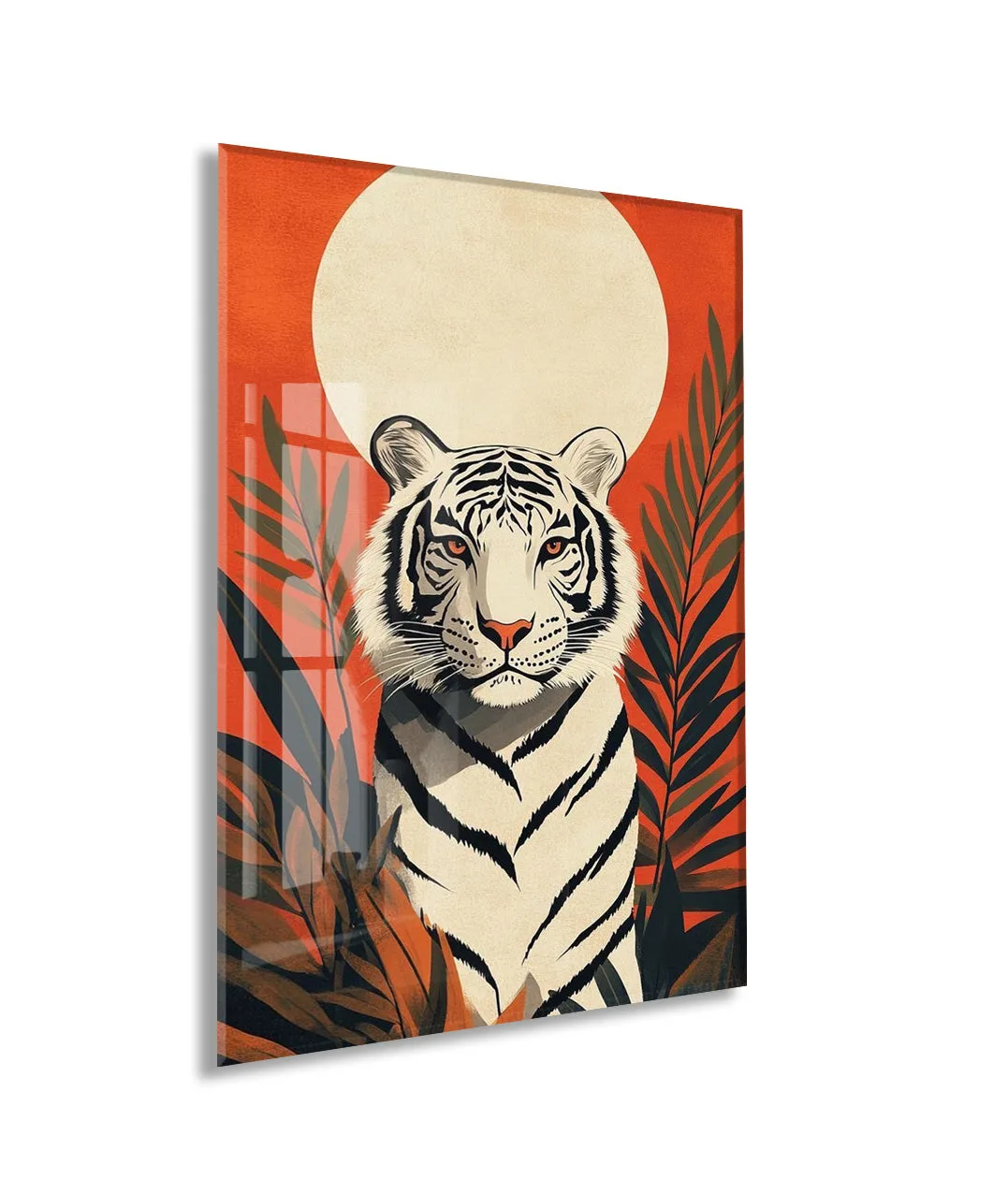 White Tiger Art – Tropikal Yapraklı Minimal Cam Tablo - Peony142 — görsel 1