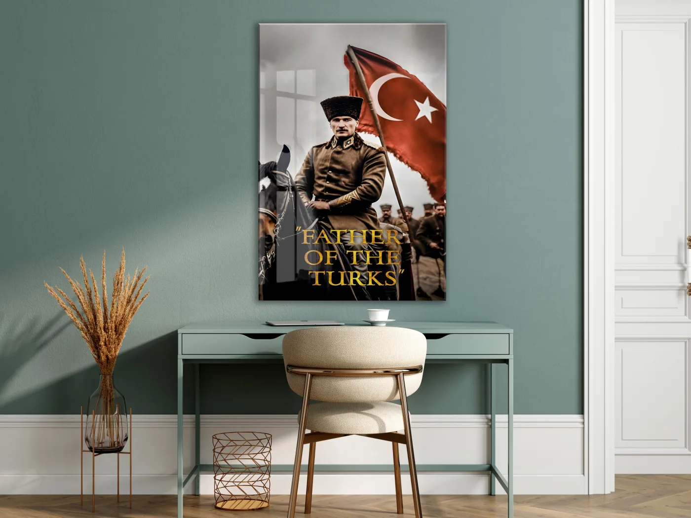 Father Of The Turks , Atatürk At Üzerinde Cam Tablo – Türk Bayraklı Başkomutan Portresi 4 mm Temperli Cam -PeonyAta061 — görsel 7