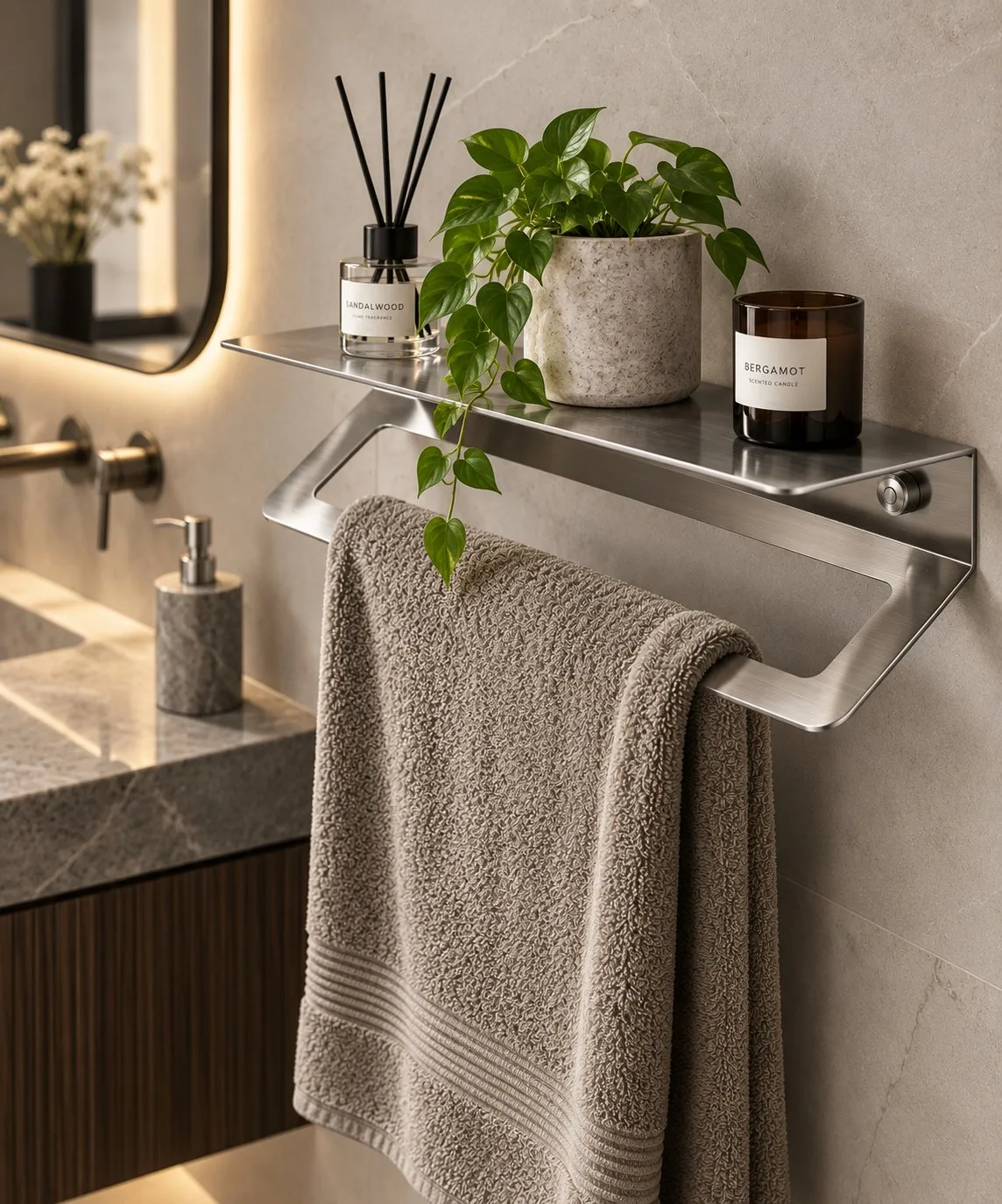 Vetra | Paslanmaz Çelik Havluluk ve Banyo Duvar Rafı – 40 cm Fırçalı Metal Modern Raflı Havlu Askısı — görsel 5