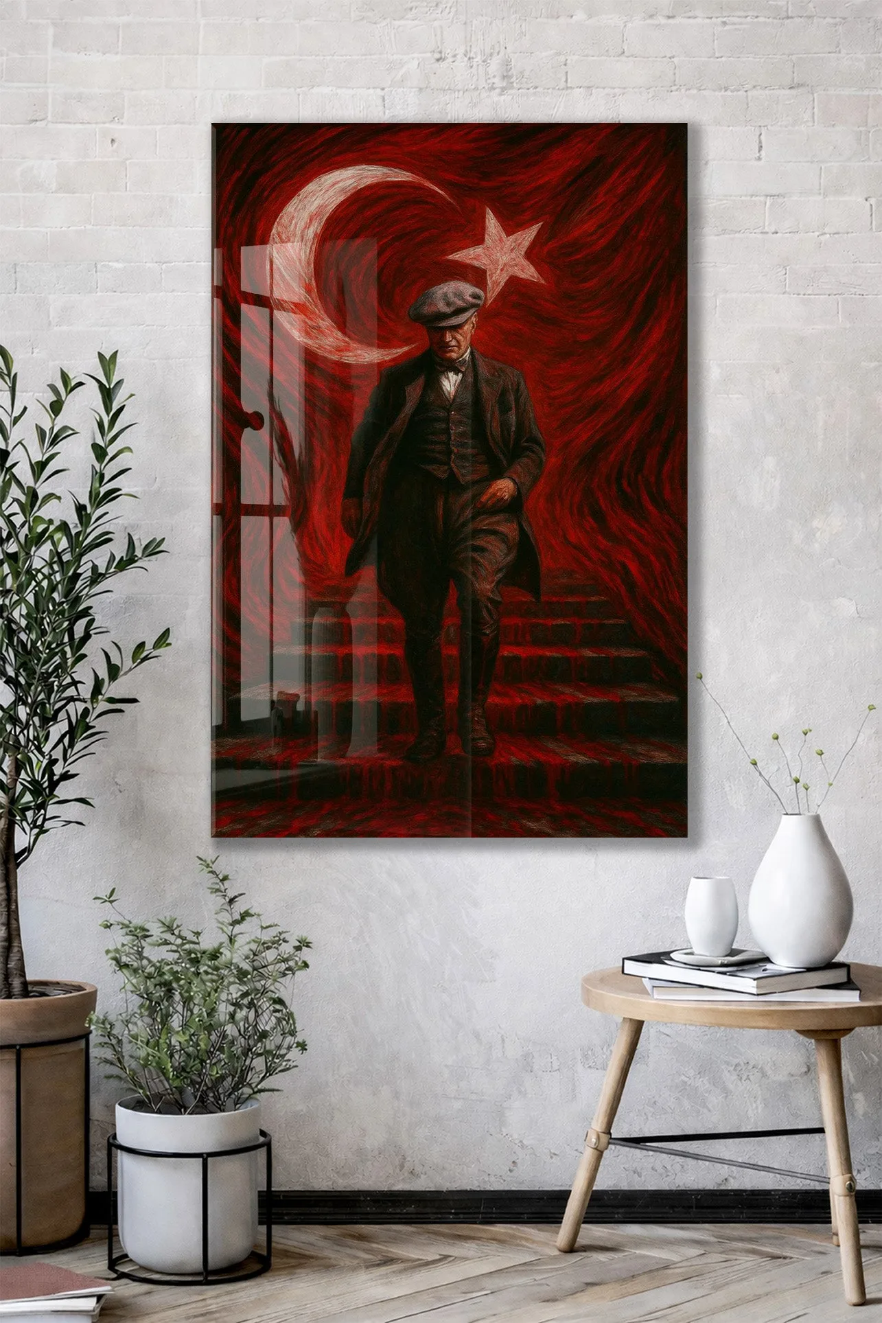 Atatürk Sanatsal Cam Tablo – Ay Yıldızlı Kırmızı Fonlu Devrim Temalı Duvar Sanatı -PeonyAta062 — görsel 2