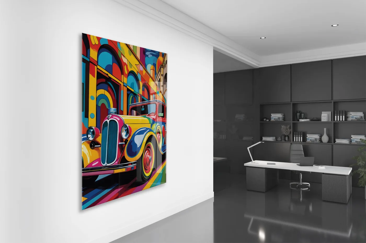 Renkli Klasik Araba Cam Tablo – Retro Otomobil Temalı Modern Pop Art, UV Baskılı Temperli Cam Duvar Tablosu - Peony036 — görsel 4