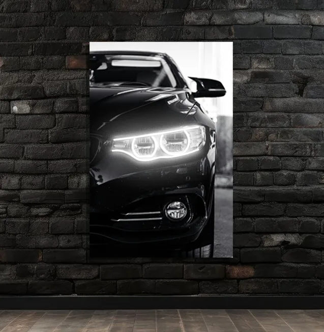 Siyah Otomobil UV Baskı Neon Duvar Tablosu | Beyaz LED Far Detaylı Pleksi Dekor | Modern Otomobil Duvar Sanatı — görsel 1