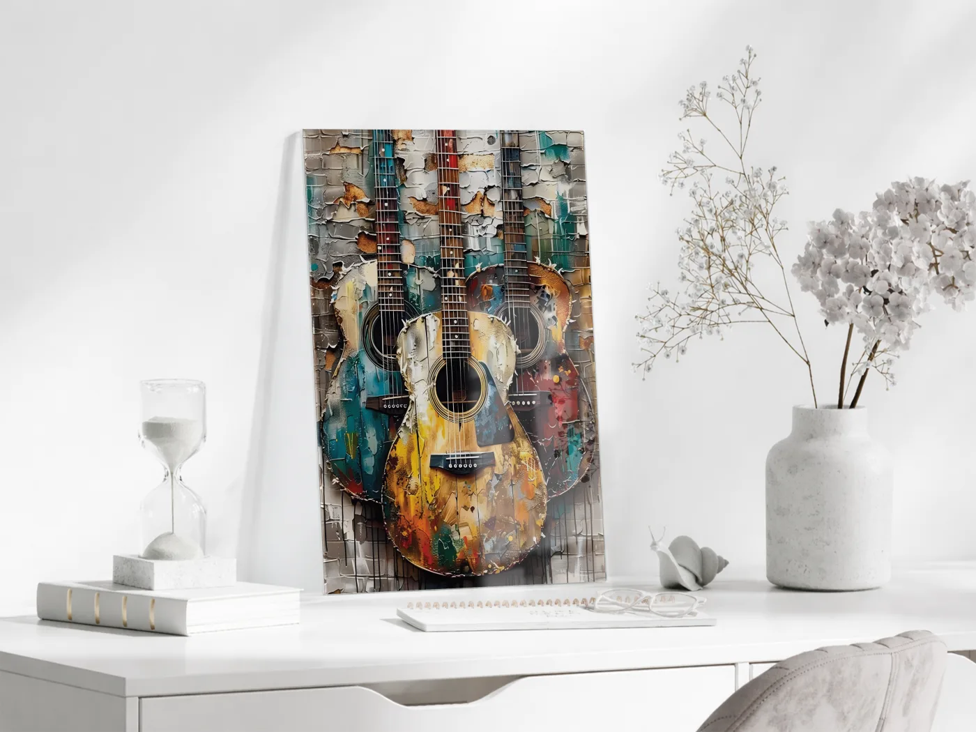 Vintage Gitar Kompozisyonu Cam Tablo – Müzik Temalı Modern Soyut Sanat, Renkli UV Baskılı Temperli Cam Duvar Tablosu - Peony033 — görsel 3