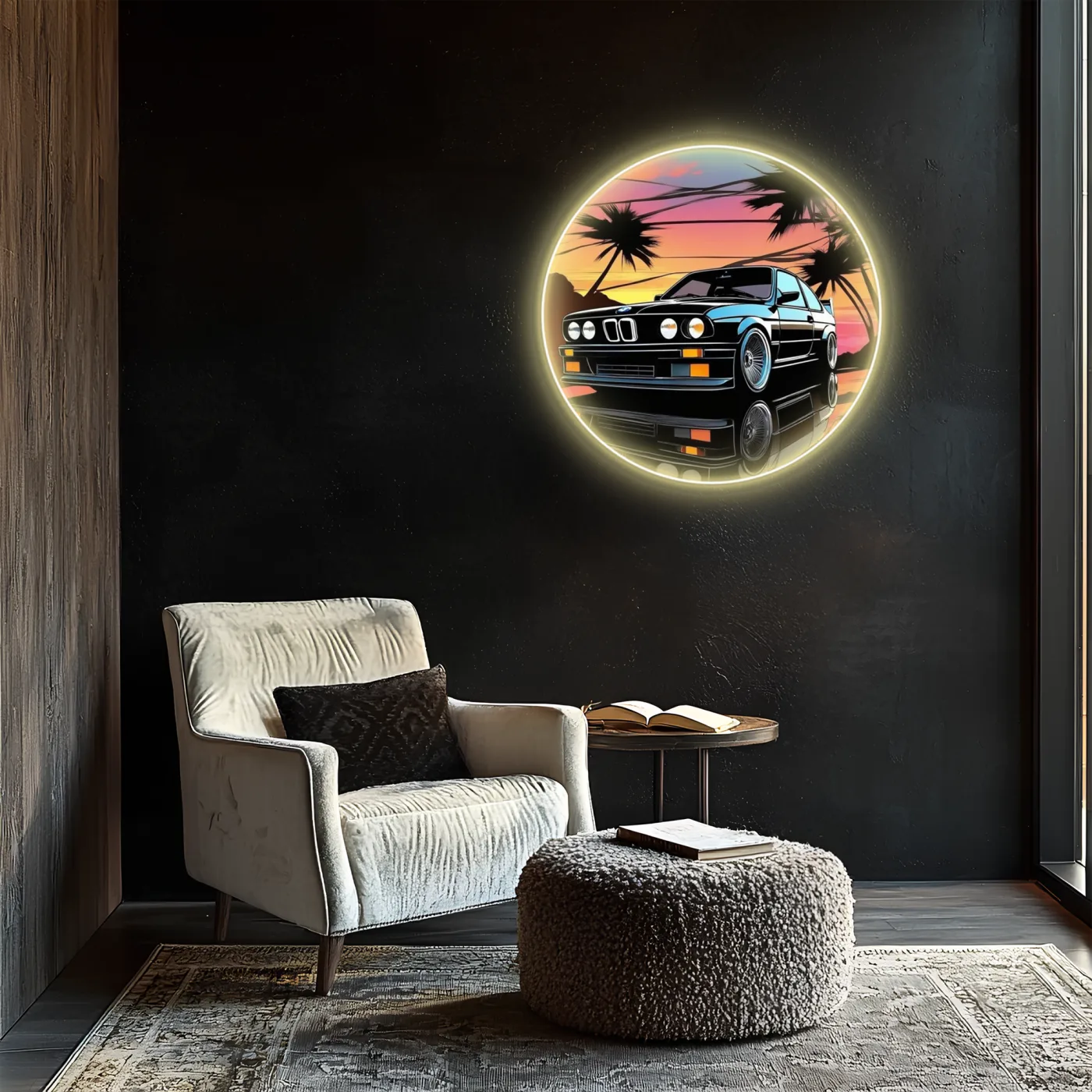 Retro BMW Tarzı Yuvarlak UV Baskı Neon Duvar Dekoru | Gün Batımı Temalı Pleksi Işıklı Tablo | Modern Ev Dekoru — görsel 5