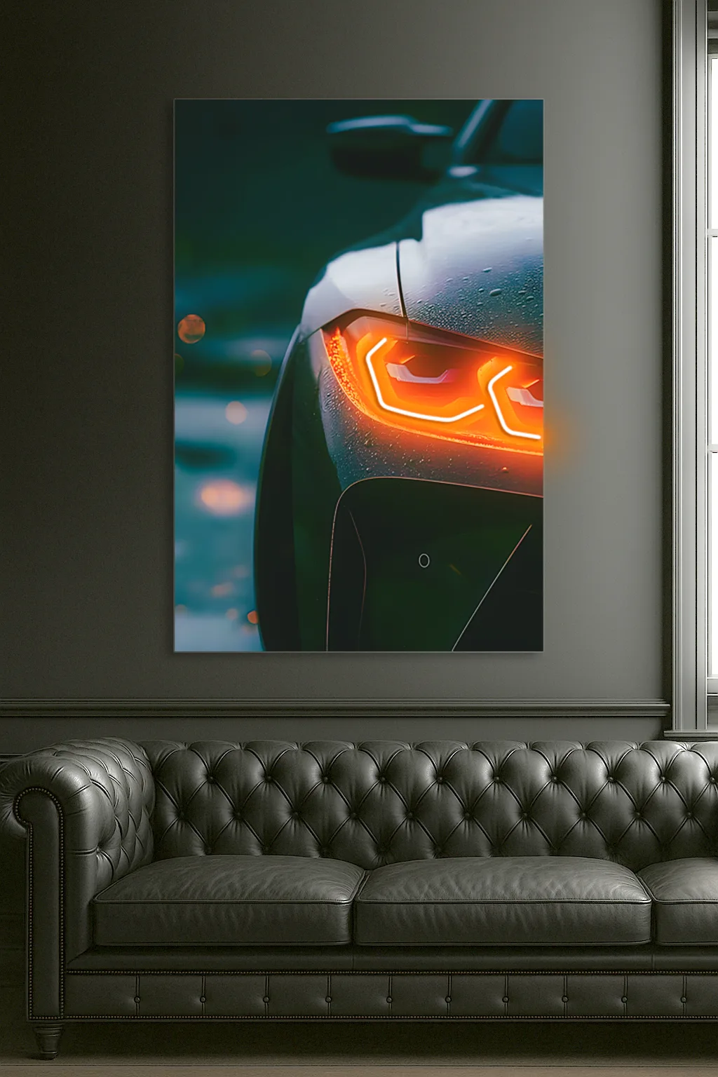 Turuncu Far Detaylı Spor Otomobil UV Baskı Neon Tablo | Pleksi LED Duvar Dekoru | Modern Otomobil Sanatı — görsel 3
