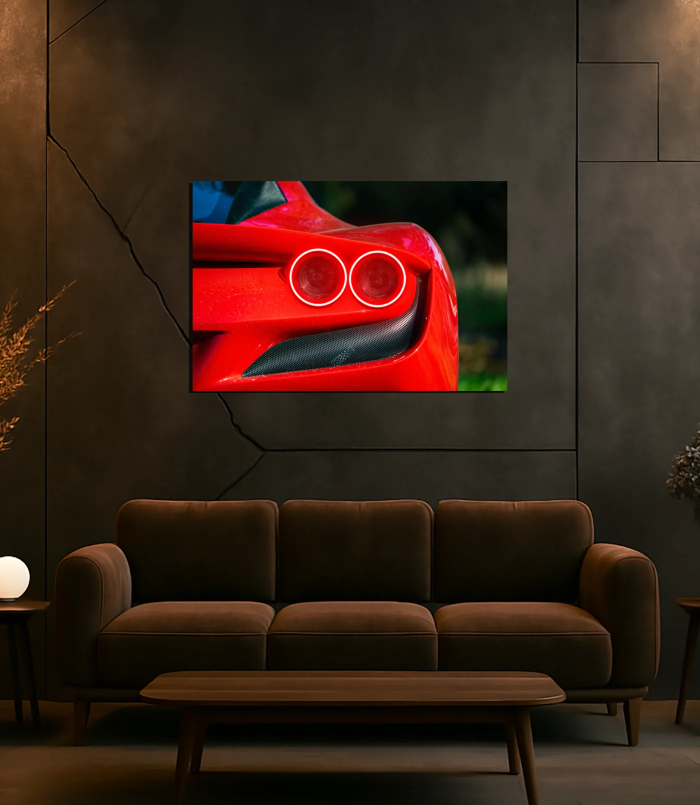 Kırmızı Spor Otomobil UV Baskı Neon Tablo | Pleksi LED Duvar Dekoru | Lüks Otomobil Arka Stop Tasarımı — görsel 2