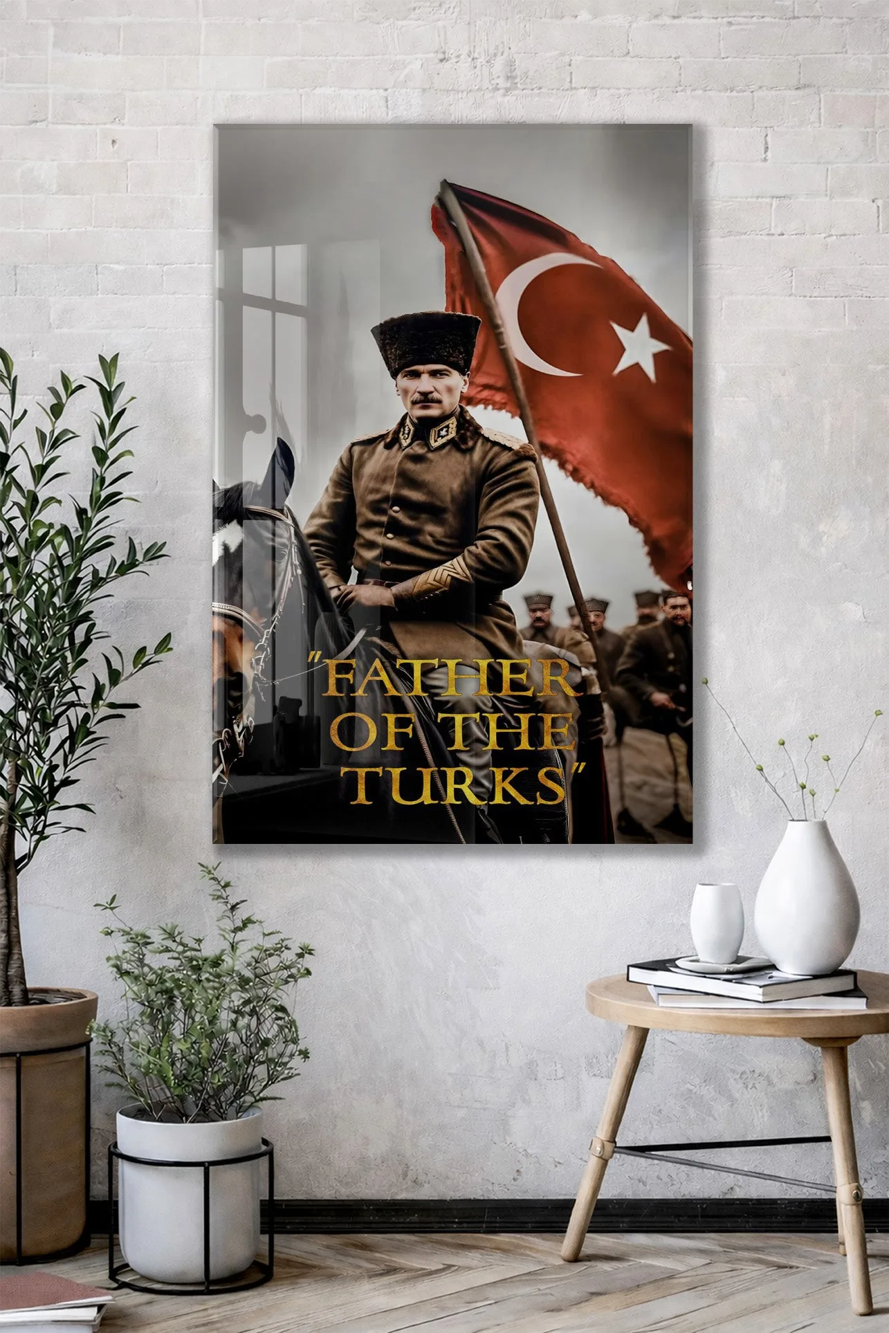 Father Of The Turks , Atatürk At Üzerinde Cam Tablo – Türk Bayraklı Başkomutan Portresi 4 mm Temperli Cam -PeonyAta061 — görsel 2