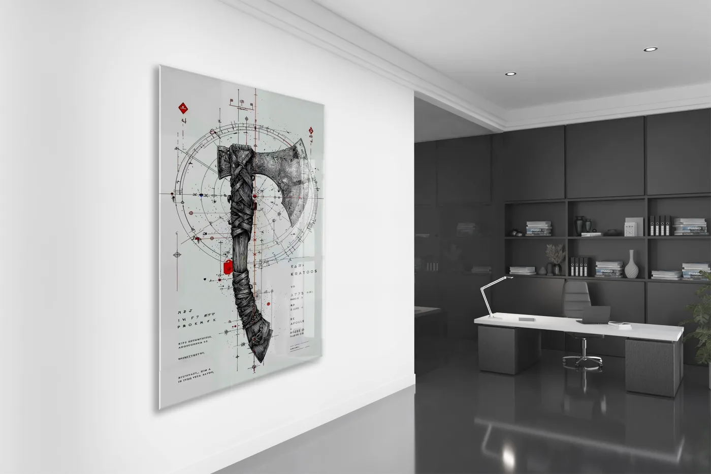 “Keskin Denge” – Geometrik ve Savaş Baltası Temalı Sanatsal Cam Tablo - Peony061 — görsel 5