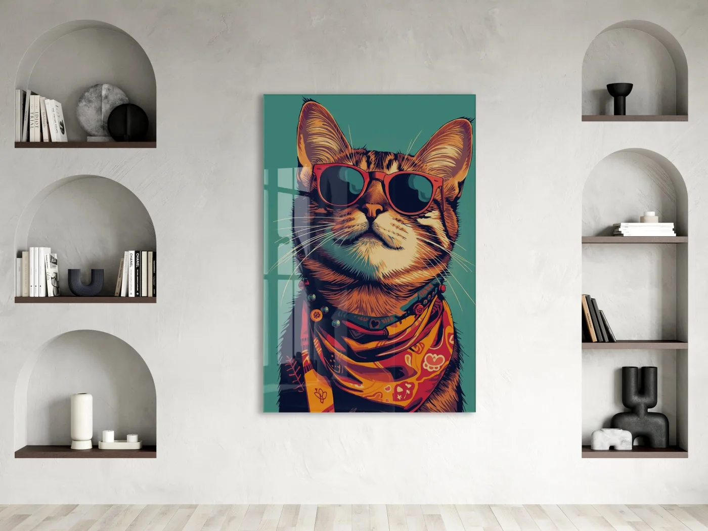 Gözlüklü Hipster Kedi Cam Duvar Tablosu – Modern ve Cool Tasarım - Peony129 — görsel 3