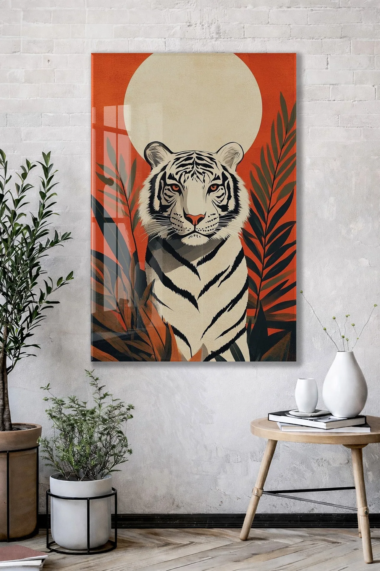 White Tiger Art – Tropikal Yapraklı Minimal Cam Tablo - Peony142 — görsel 2