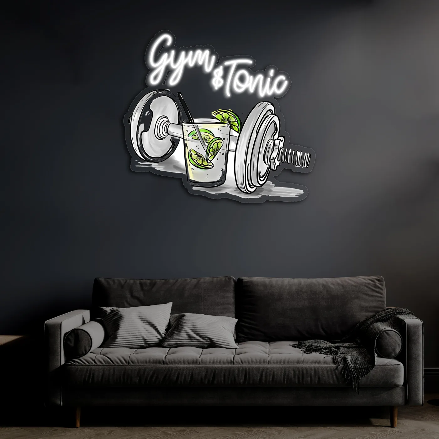 Gym & Tonic Neon Duvar Dekoru | Spor ve Kokteyl Temalı LED Işıklı Tablo | UV Baskı Pleksi Neon | Mizahi Bar ve Ev Dekoru — görsel 1