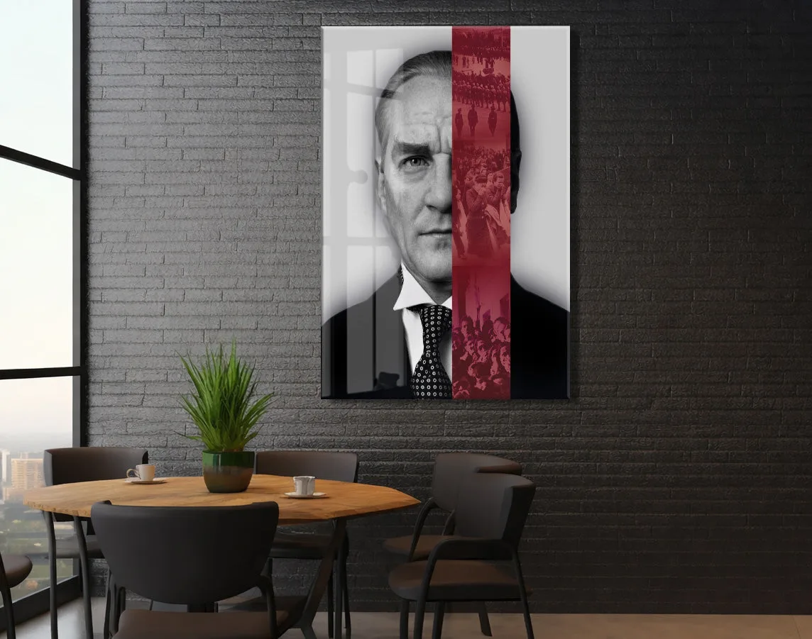 Atatürk Cam Tablo – Lider ve Millet Temalı, Kırmızı Şerit Detaylı 4 mm Temperli Cam Duvar Dekoru -PeonyAta1019 — görsel 6