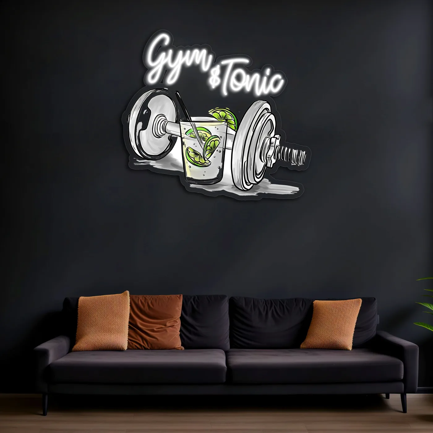 Gym & Tonic Neon Duvar Dekoru | Spor ve Kokteyl Temalı LED Işıklı Tablo | UV Baskı Pleksi Neon | Mizahi Bar ve Ev Dekoru — görsel 2