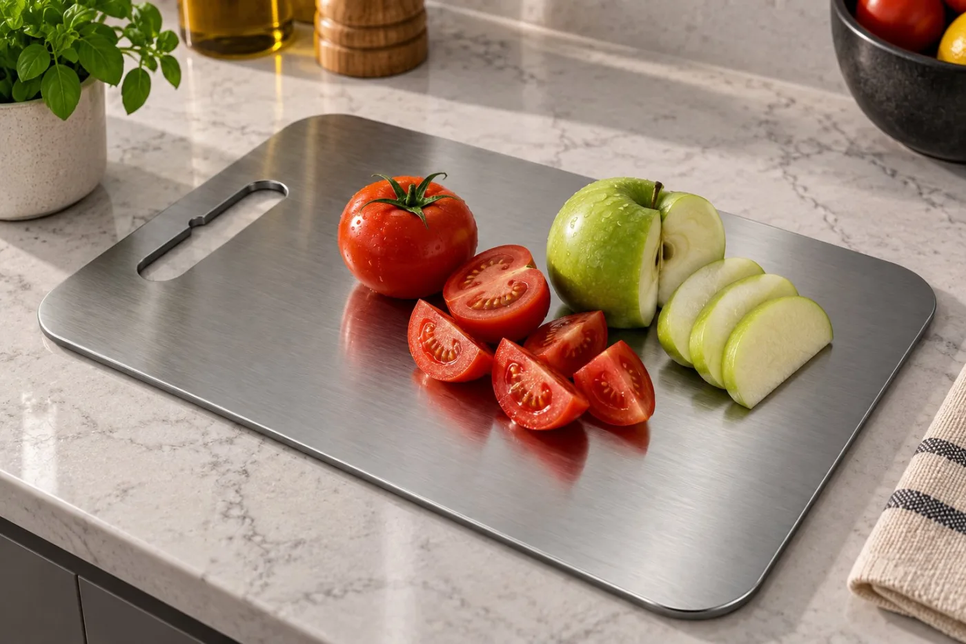 Noma | Paslanmaz Çelik Kesme Tahtası – 21x32 cm Hijyenik Metal Doğrama Tahtası, Saplı Modern Mutfak Hazırlık ve Kesim Panosu — görsel 3