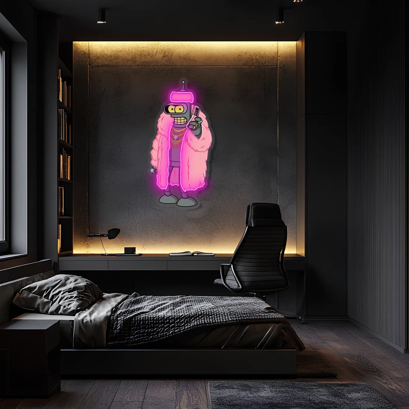 Pembe Ceketli Robot Neon Tablo | Oyun Odası LED Dekor — görsel 1