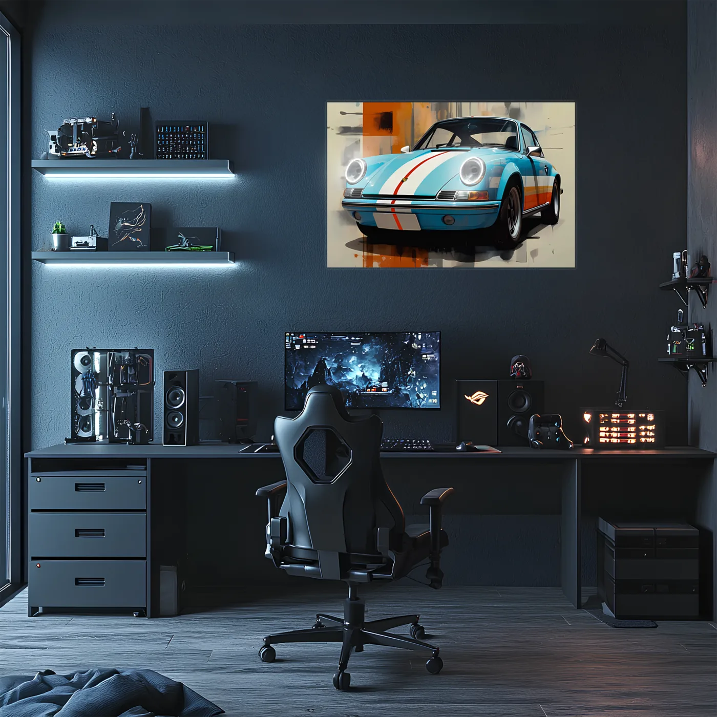 Mavi Retro Yarış Araba UV Baskı Neon Duvar Dekoru | Pleksi Işıklı Tablo | Gamer Room Duvar Sanatı — görsel 2
